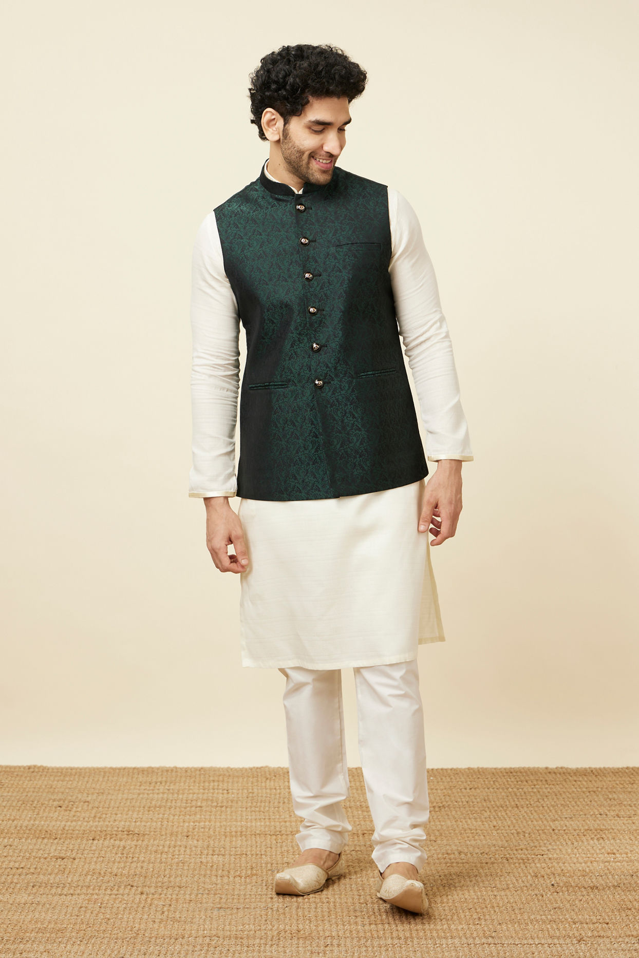 alt message - Manyavar Men Bottle Green Self Print Jacket image number 2