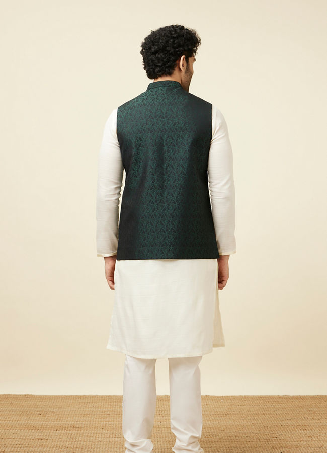 alt message - Manyavar Men Bottle Green Self Print Jacket image number 3