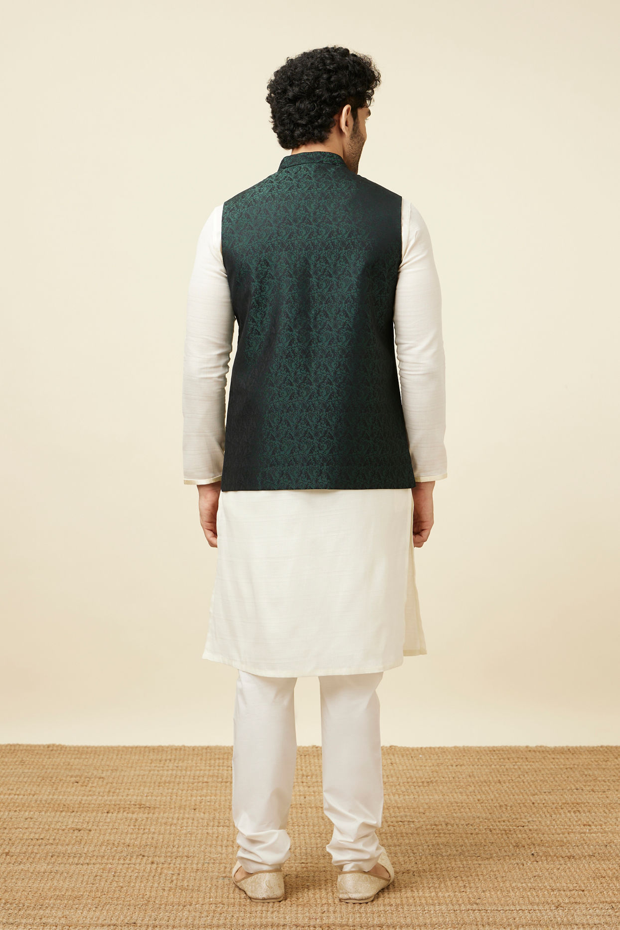 alt message - Manyavar Men Bottle Green Self Print Jacket image number 3