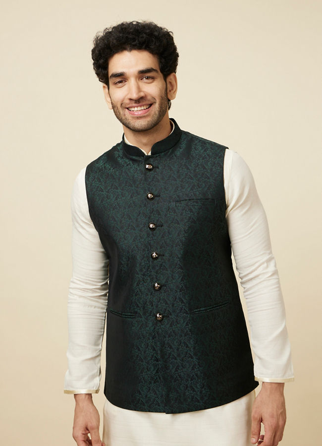 alt message - Manyavar Men Bottle Green Self Print Jacket image number 0