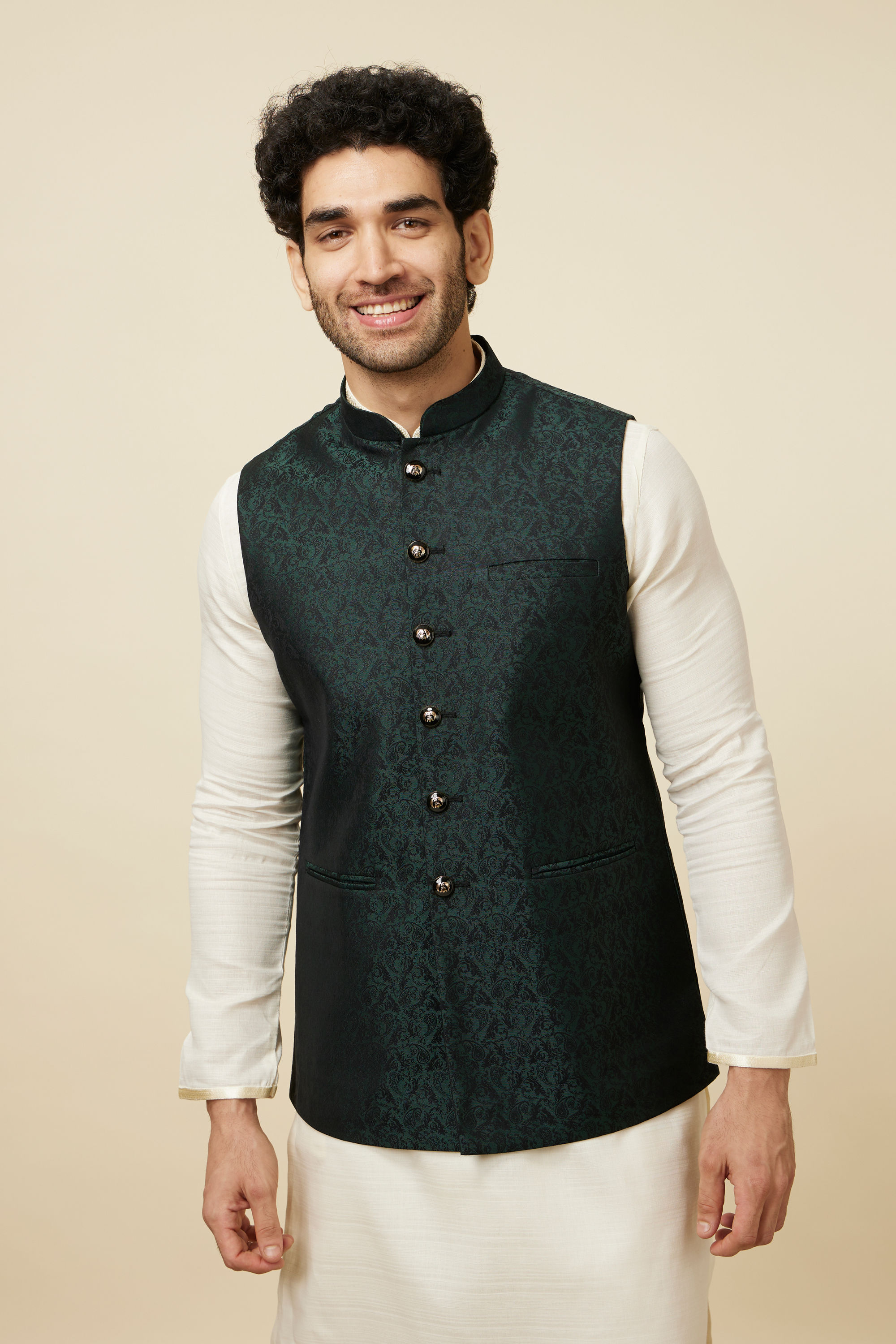 Manyavar Men Bottle Green Self Print Jacket