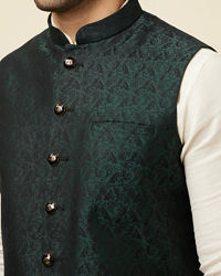 Manyavar Men Bottle Green Self Print Jacket