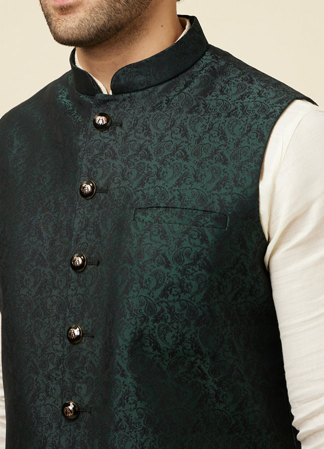 alt message - Manyavar Men Bottle Green Self Print Jacket image number 1