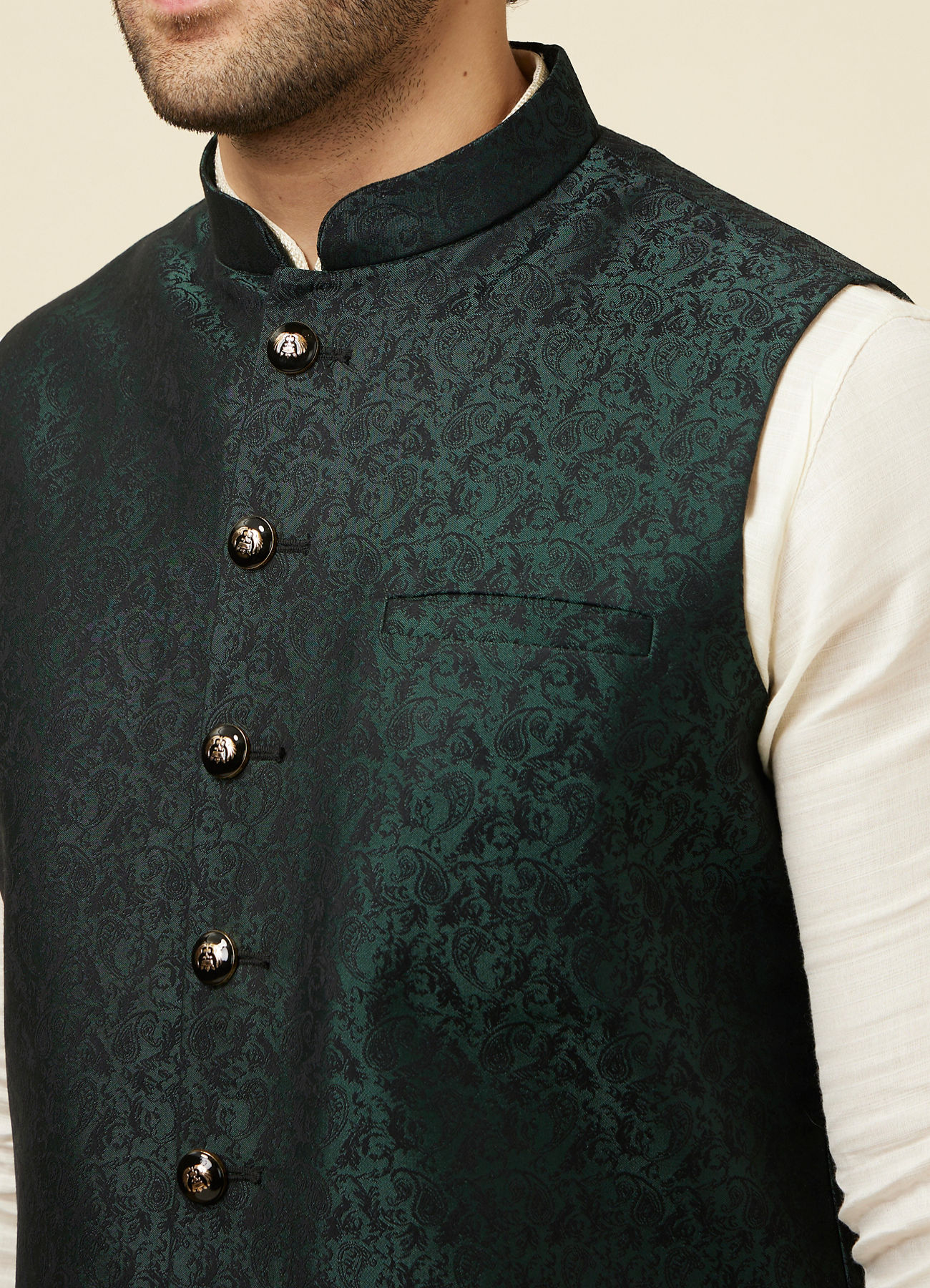 Manyavar Men Bottle Green Self Print Jacket