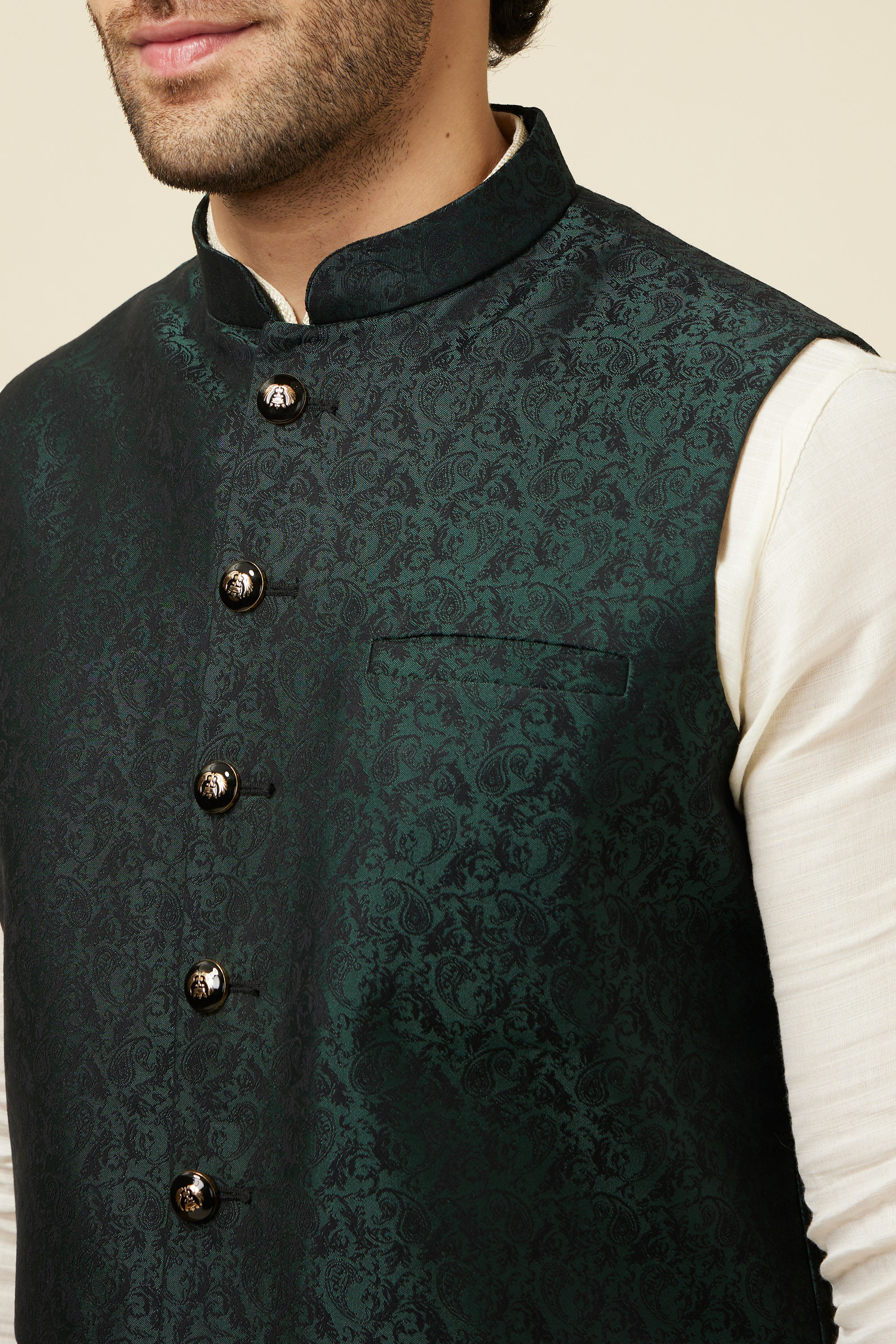 Manyavar Men Bottle Green Self Print Jacket