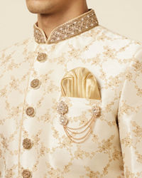 Manyavar Men Golden Fawn Bel Buti Patterned Sherwani Set