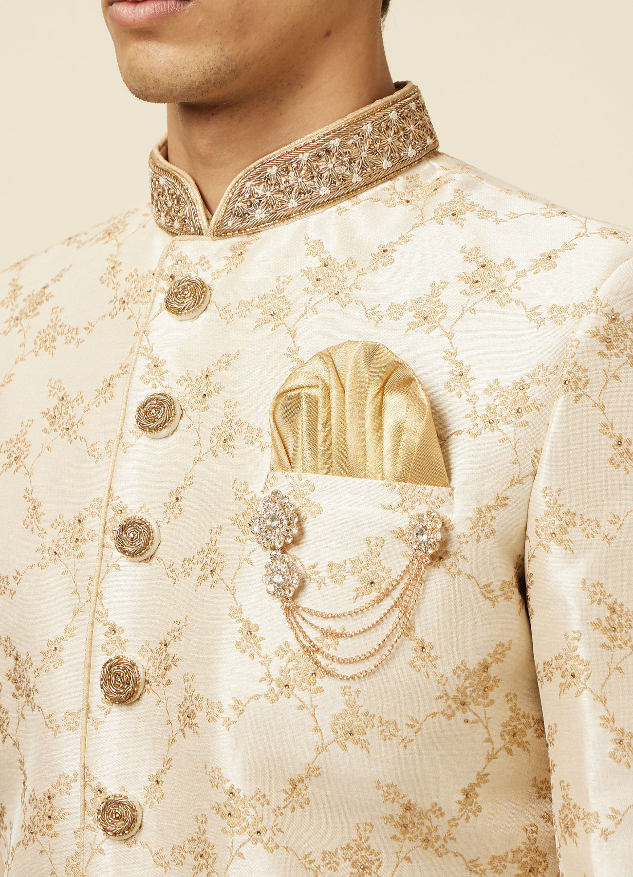 Manyavar Men Golden Fawn Bel Buti Patterned Sherwani Set