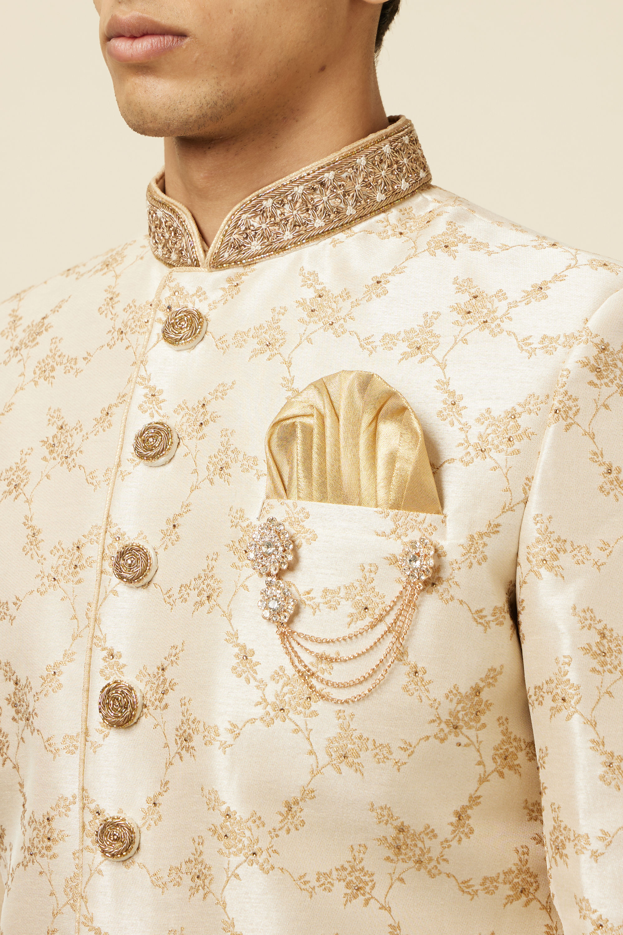 Manyavar Men Golden Fawn Bel Buti Patterned Sherwani Set