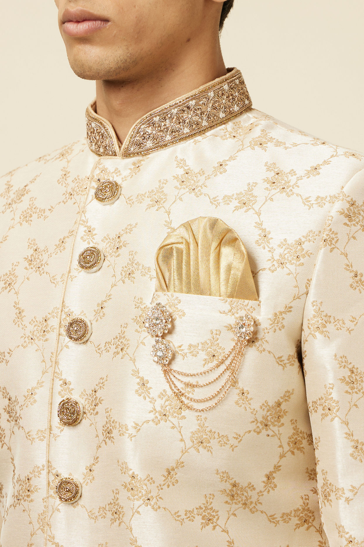 Golden Fawn Bel Buti Patterned Sherwani Set image number 1