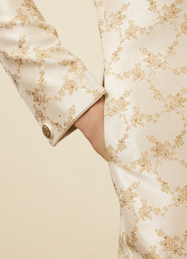 Manyavar Men Golden Fawn Bel Buti Patterned Sherwani Set