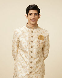 Manyavar Men Golden Fawn Bel Buti Patterned Sherwani Set