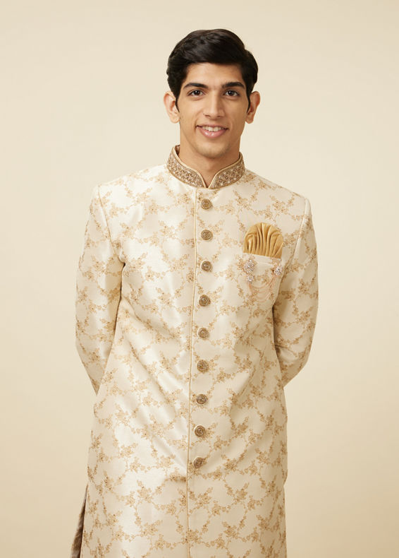 Manyavar Men Golden Fawn Bel Buti Patterned Sherwani Set