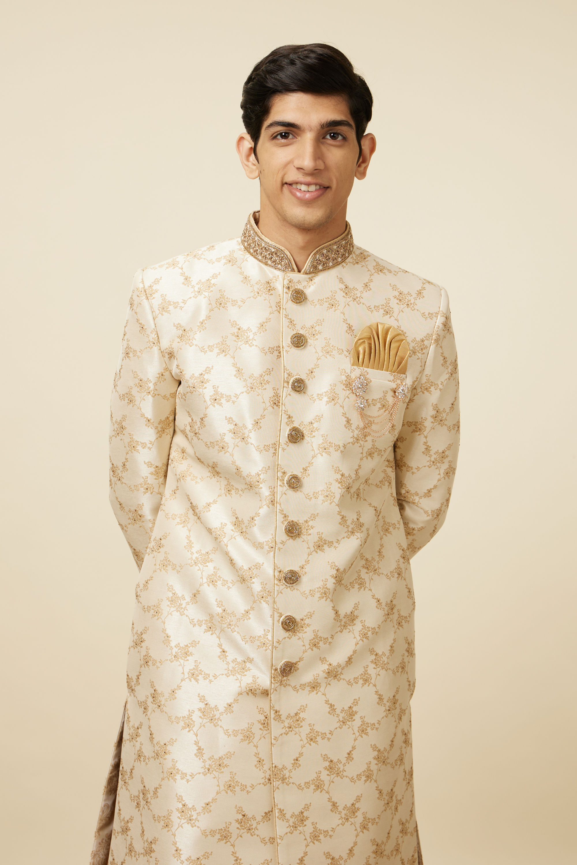 Manyavar Men Golden Fawn Bel Buti Patterned Sherwani Set