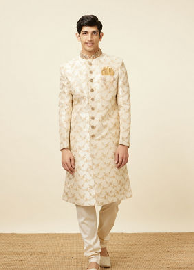 alt message - Manyavar Men Golden Fawn Bel Buti Patterned Sherwani Set image number 3