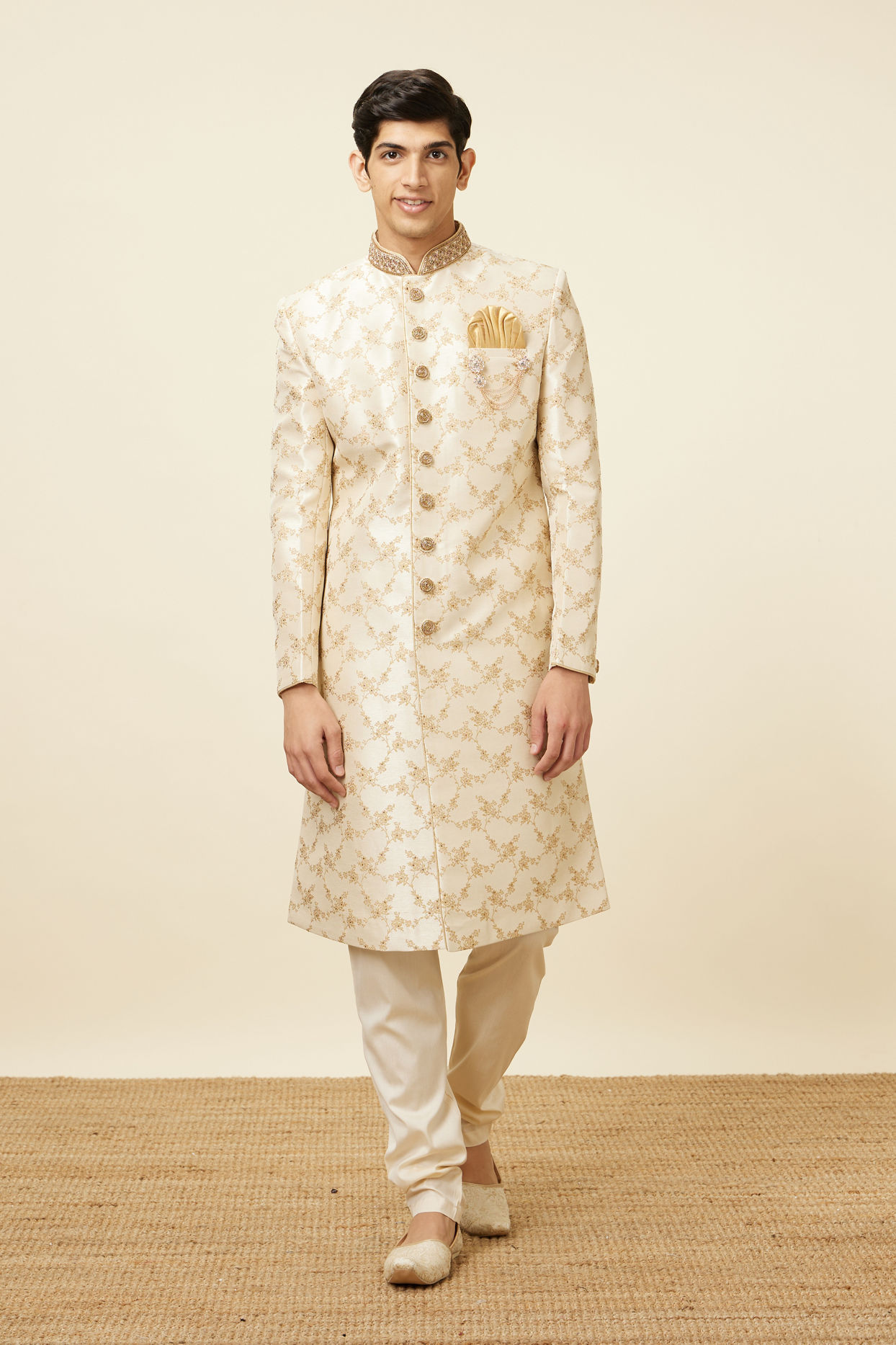 Manyavar Men Golden Fawn Bel Buti Patterned Sherwani Set