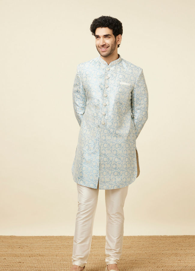 alt message - Manyavar Men Dreamy Blue Indo Western Set image number 2