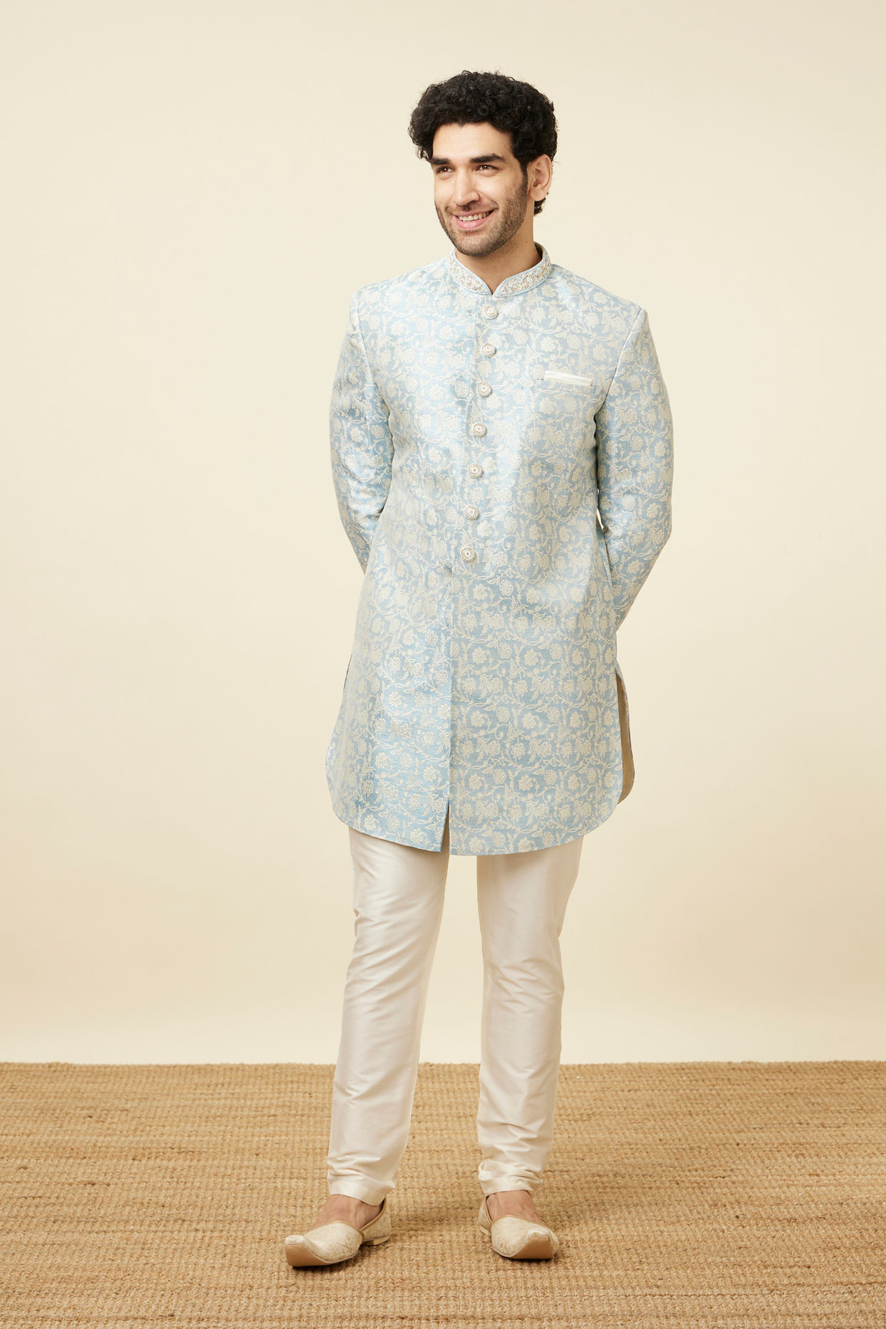 Manyavar Men Dreamy Blue Indo Western Set