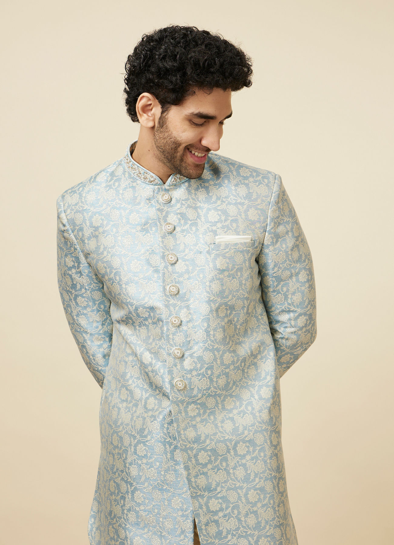 Manyavar Men Dreamy Blue Indo Western Set