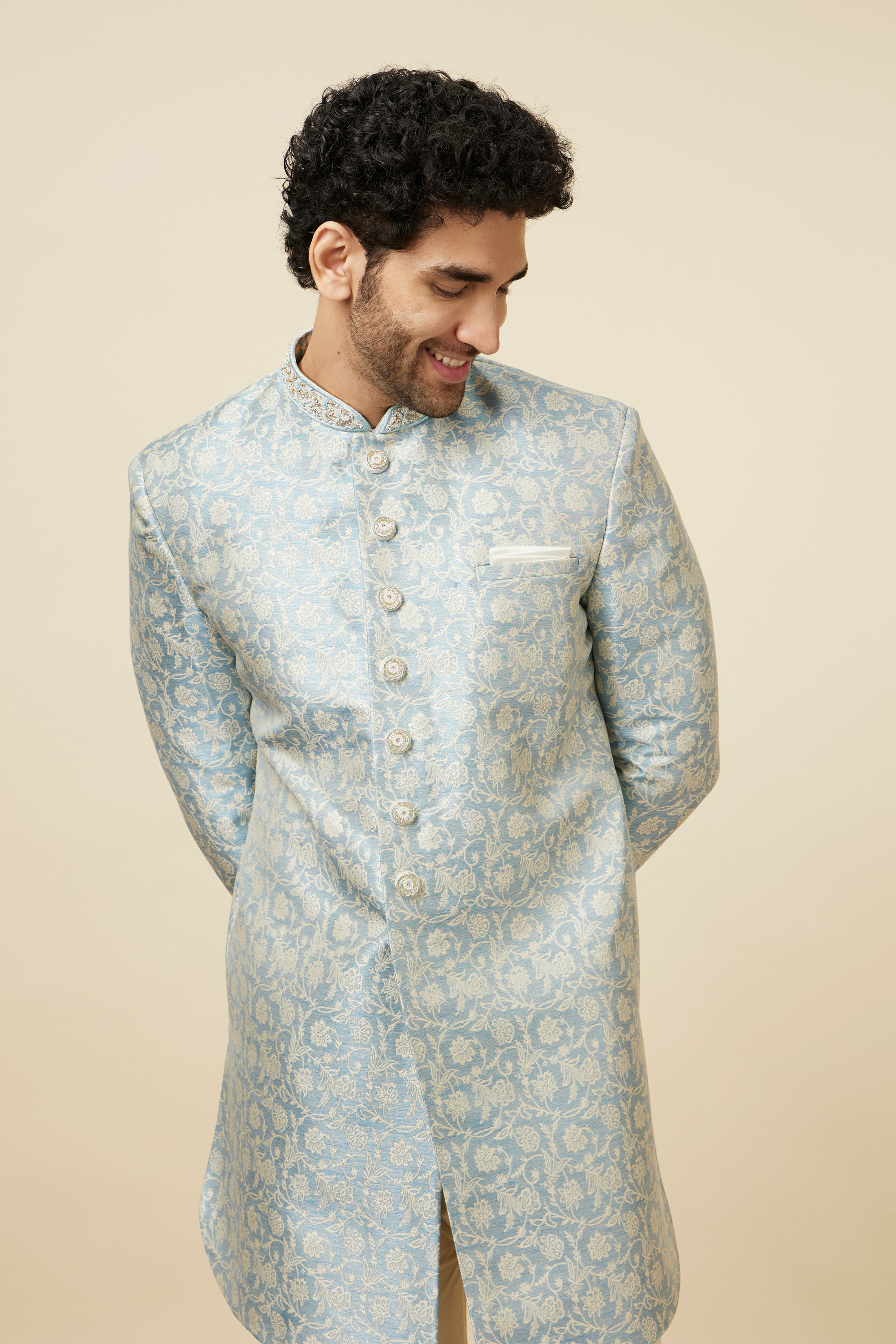 Manyavar Men Dreamy Blue Indo Western Set