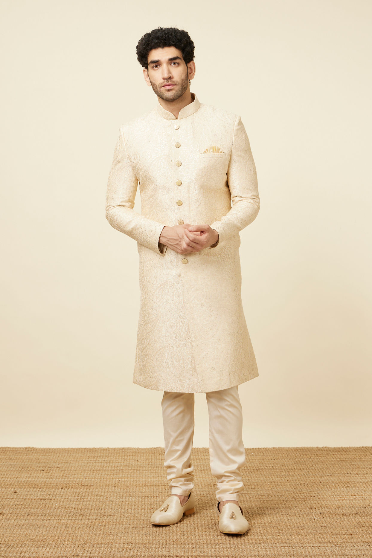 Manyavar Men Contemporary Cream Color Designer Sherwani