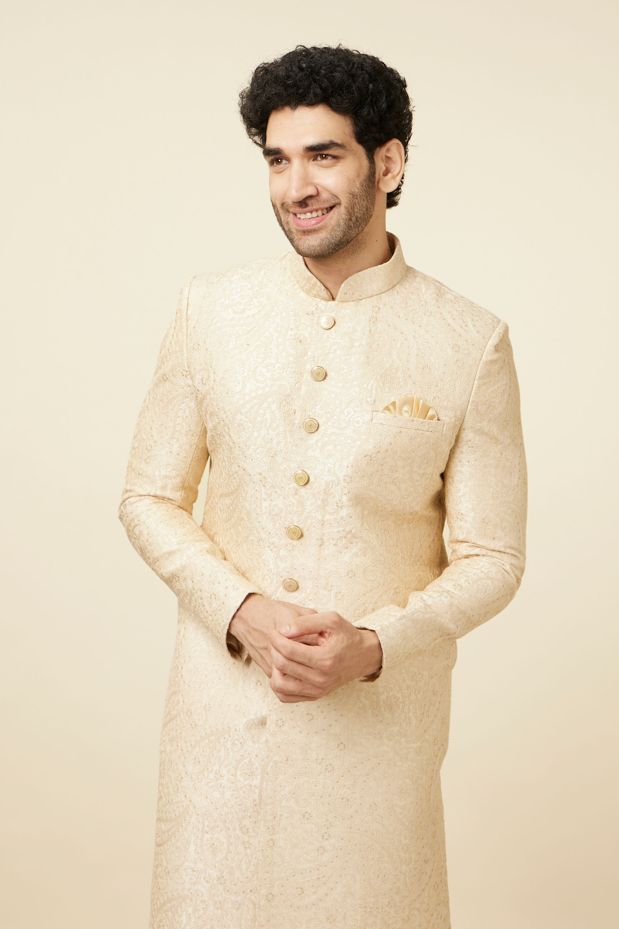 Manyavar Men Contemporary Cream Color Designer Sherwani