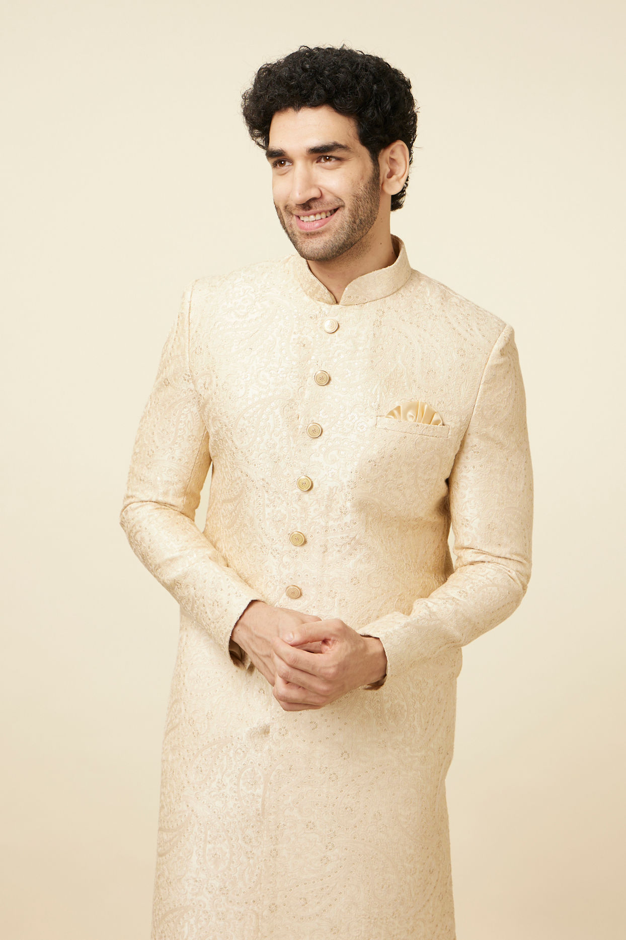 Manyavar Men Contemporary Cream Color Designer Sherwani
