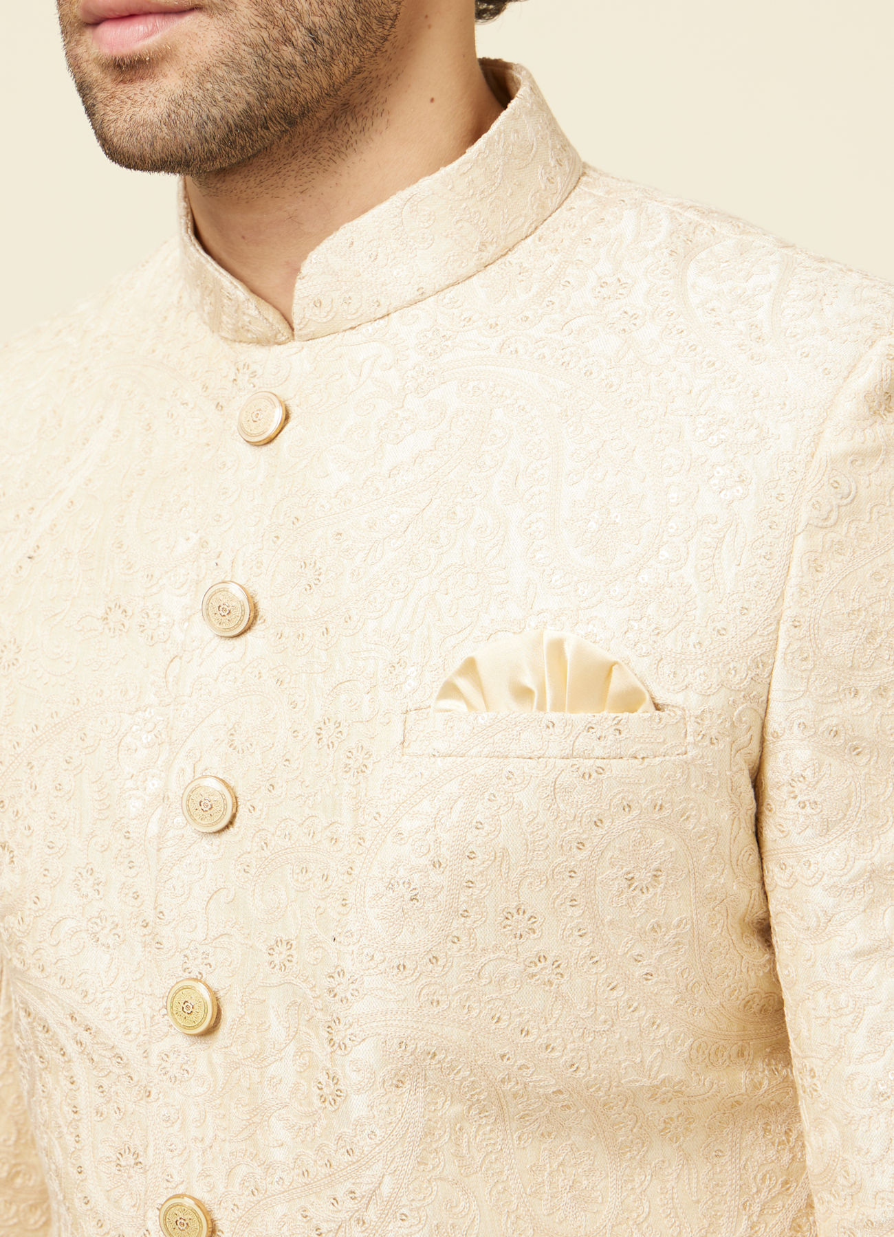 Manyavar Men Contemporary Cream Color Designer Sherwani