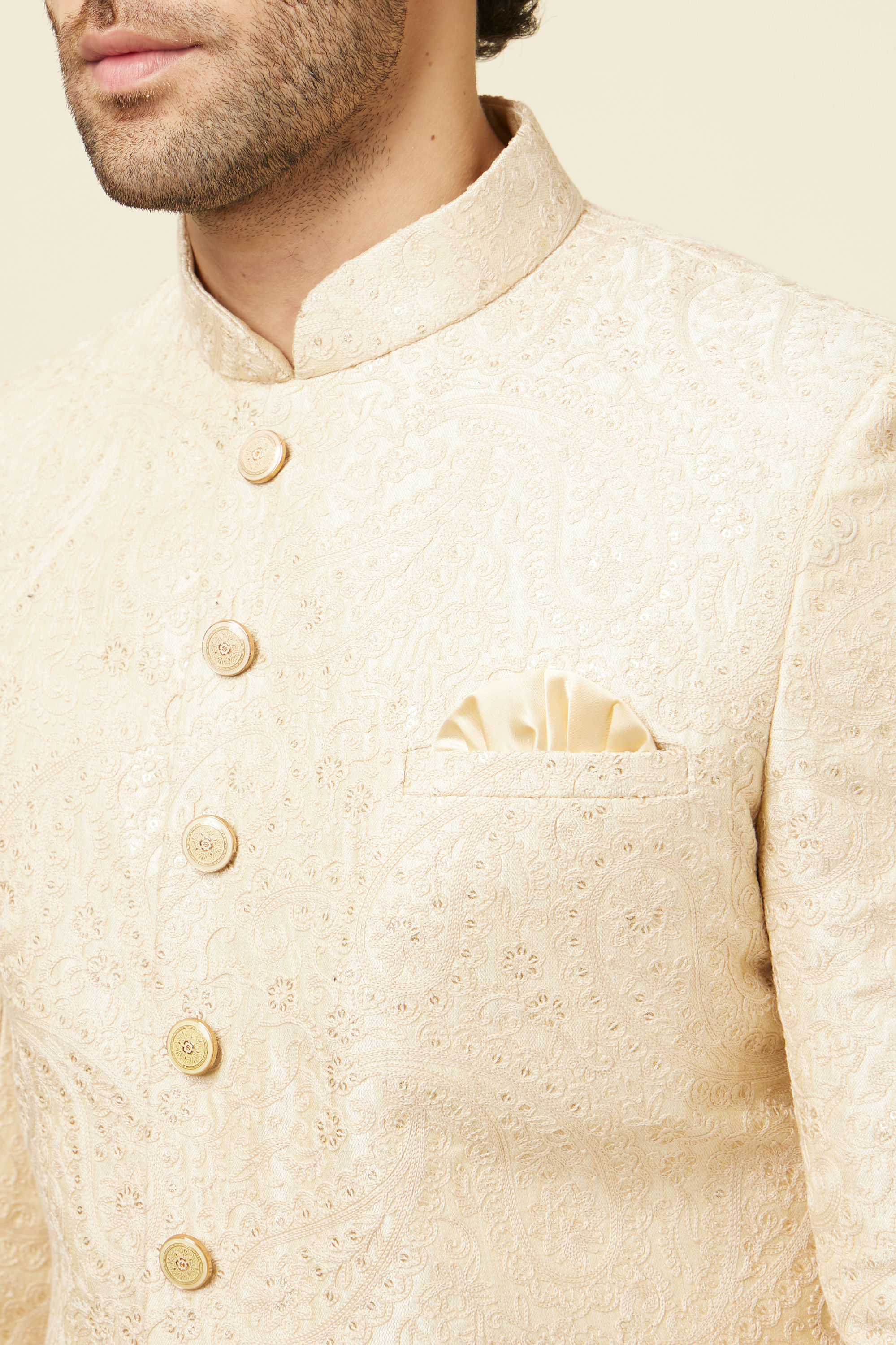 Manyavar Men Contemporary Cream Color Designer Sherwani