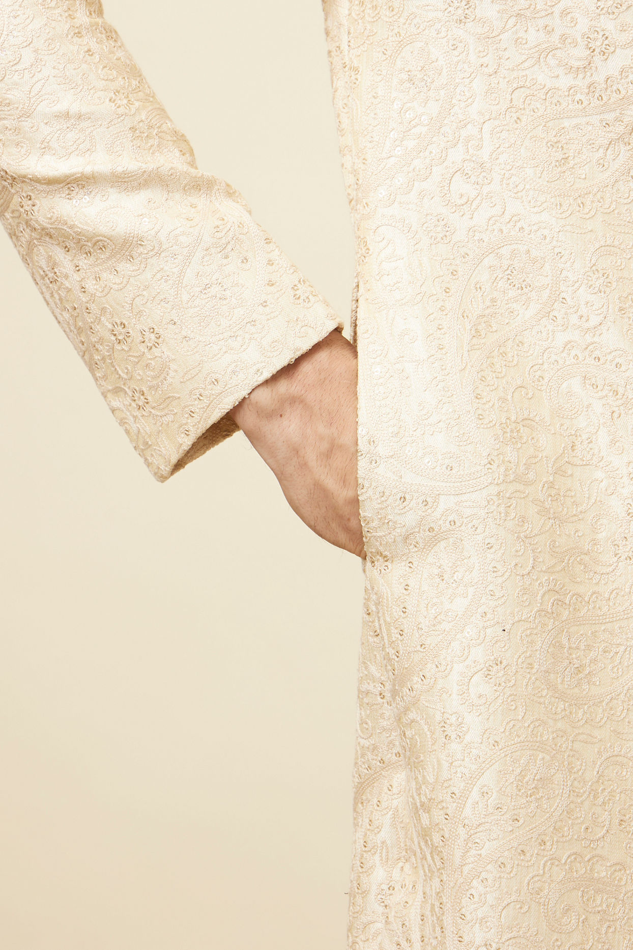 Manyavar Men Contemporary Cream Color Designer Sherwani