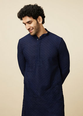 Manyavar Men Traditional Chikankari Blue Kurta Set