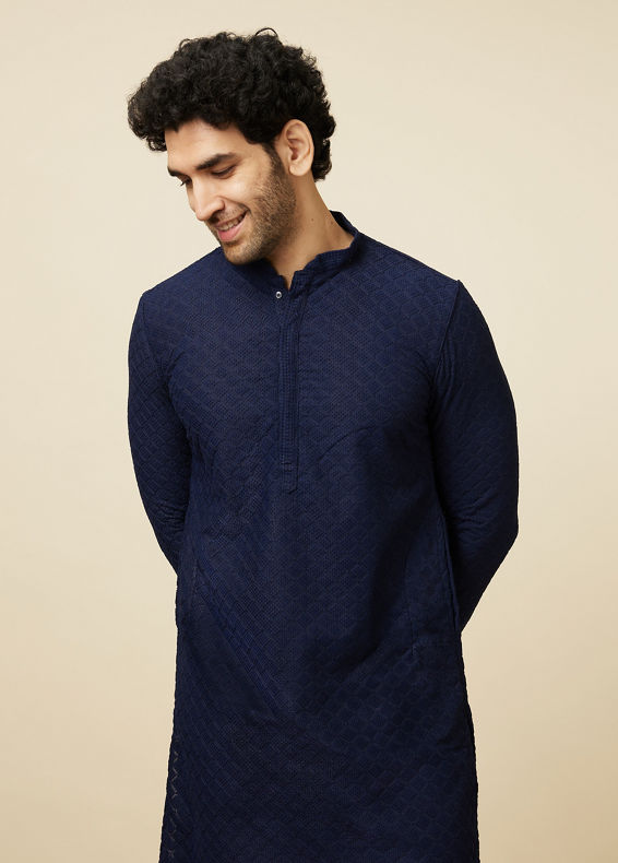 Manyavar Men Traditional Chikankari Blue Kurta Set
