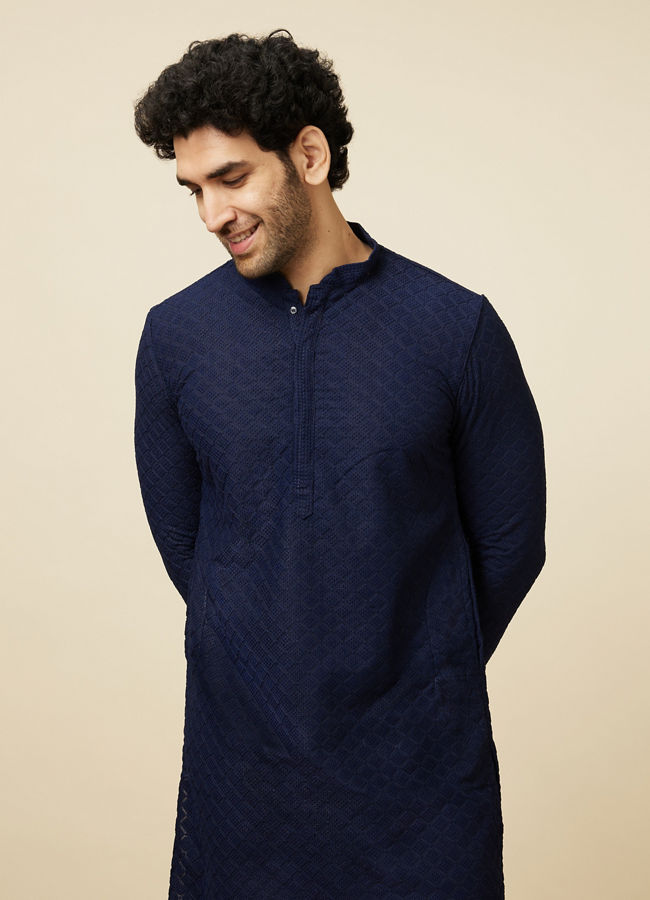 Manyavar Men Traditional Chikankari Blue Kurta Set