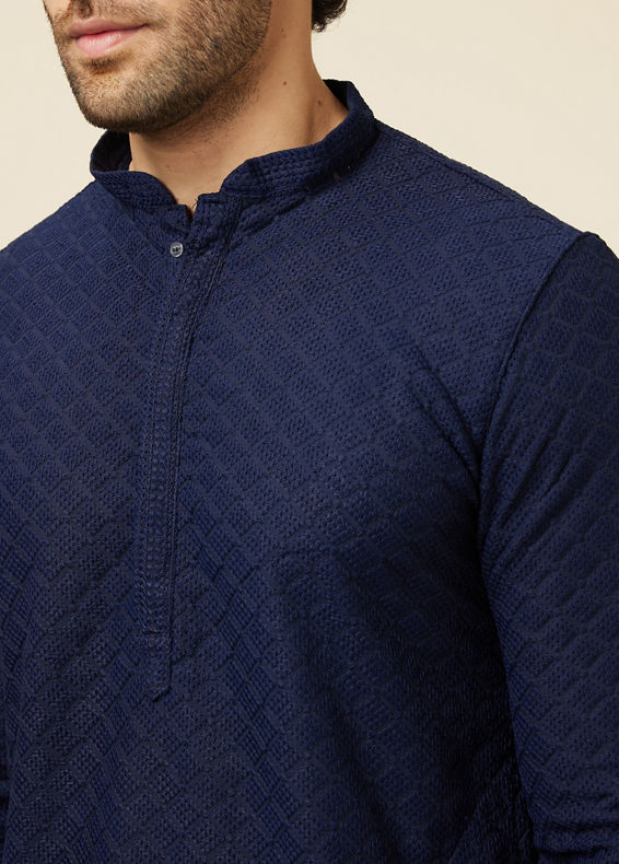 Manyavar Men Traditional Chikankari Blue Kurta Set