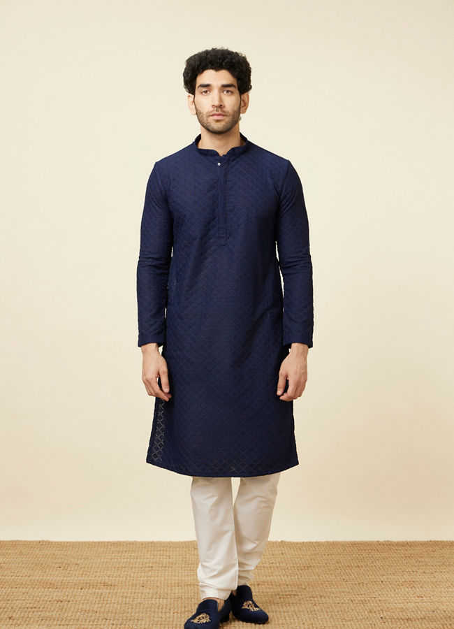 alt message - Manyavar Men Traditional Chikankari Blue Kurta Set image number 2