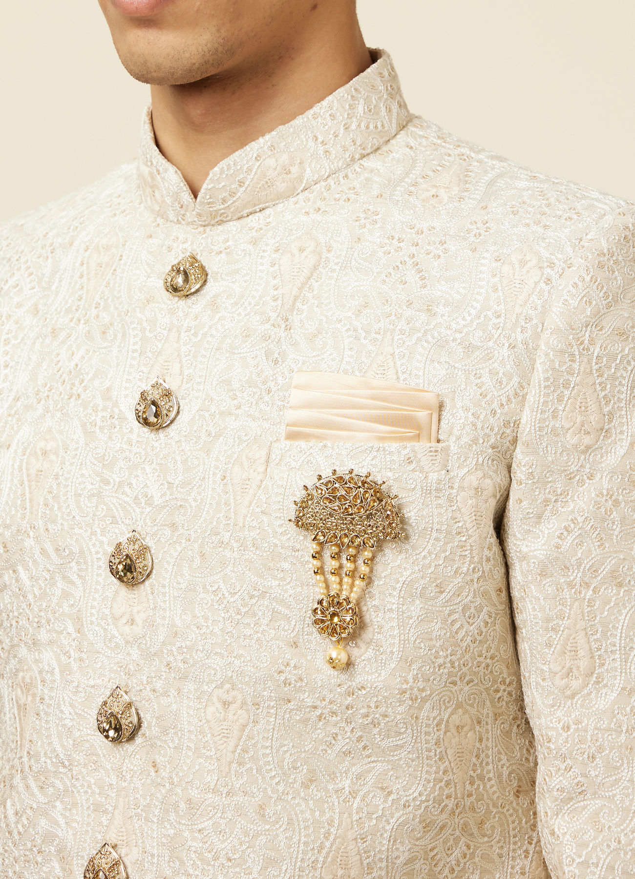 Manyavar Men Sober Biscuit Color Sherwani Suit