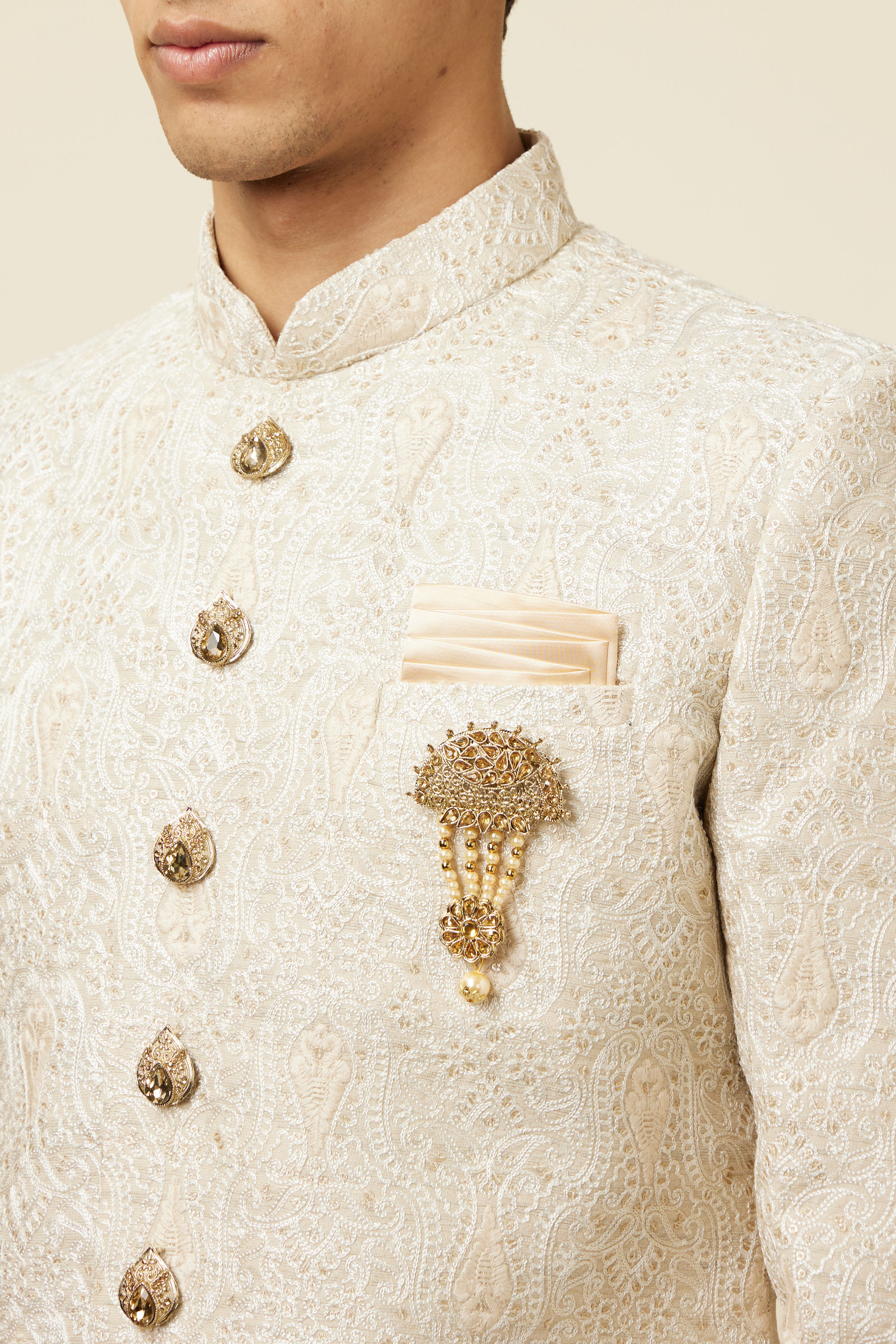 Manyavar Men Sober Biscuit Color Sherwani Suit