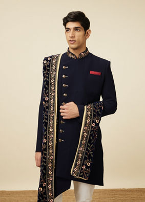 alt message - Manyavar Men Brilliant Blue Indo Western Suit image number 0