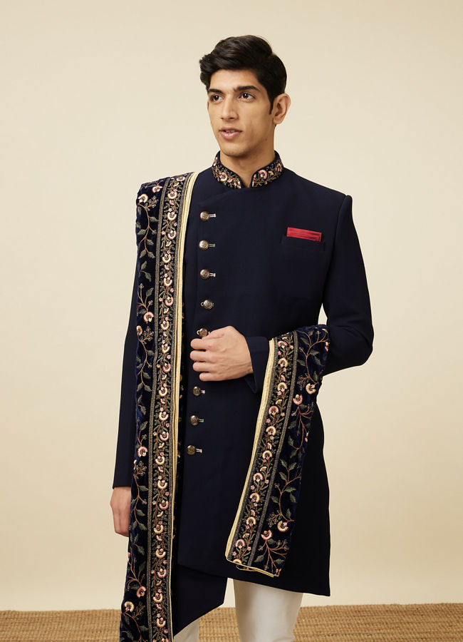 alt message - Manyavar Men Brilliant Blue Indo Western Suit image number 0