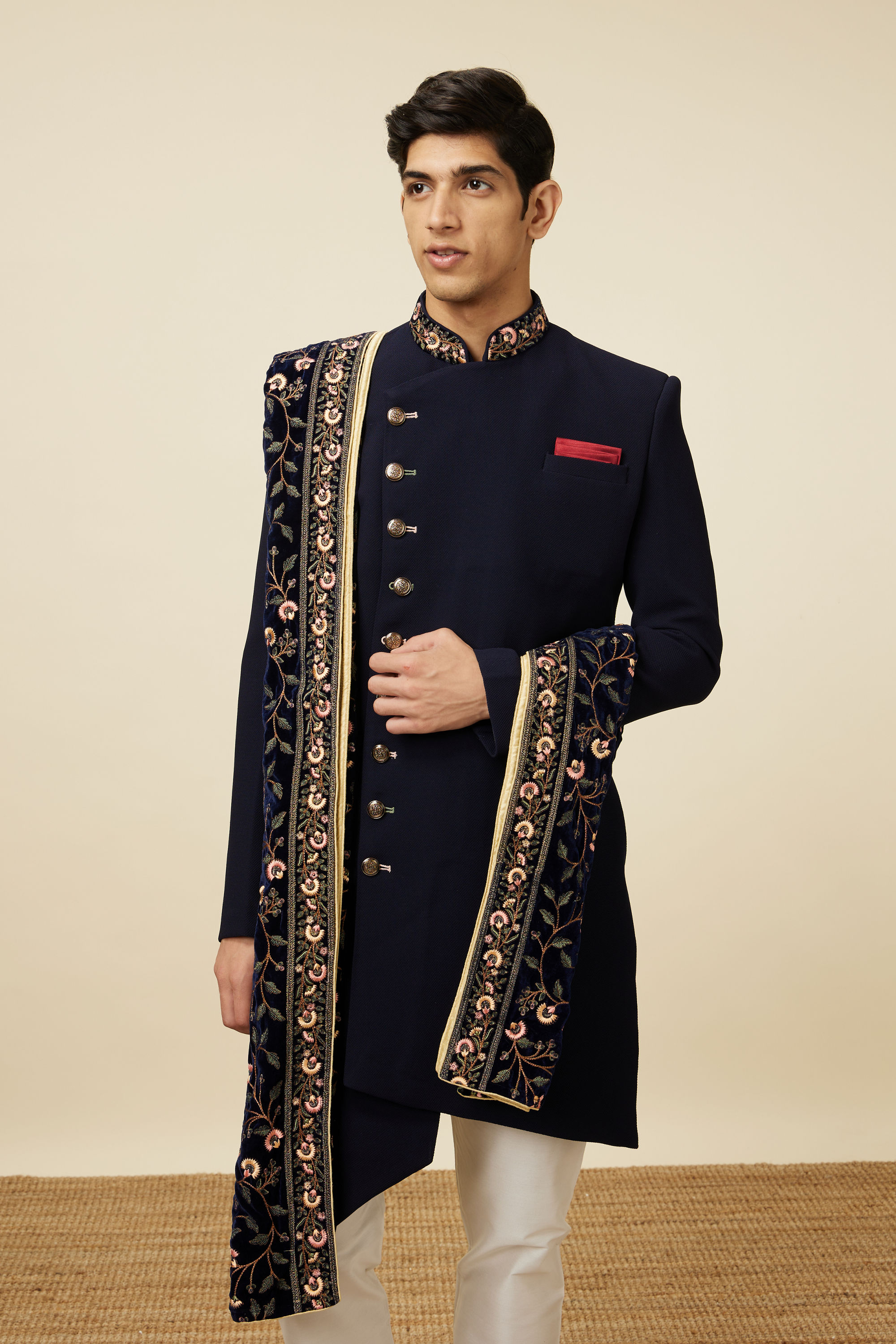 Manyavar Men Brilliant Blue Indo Western Suit