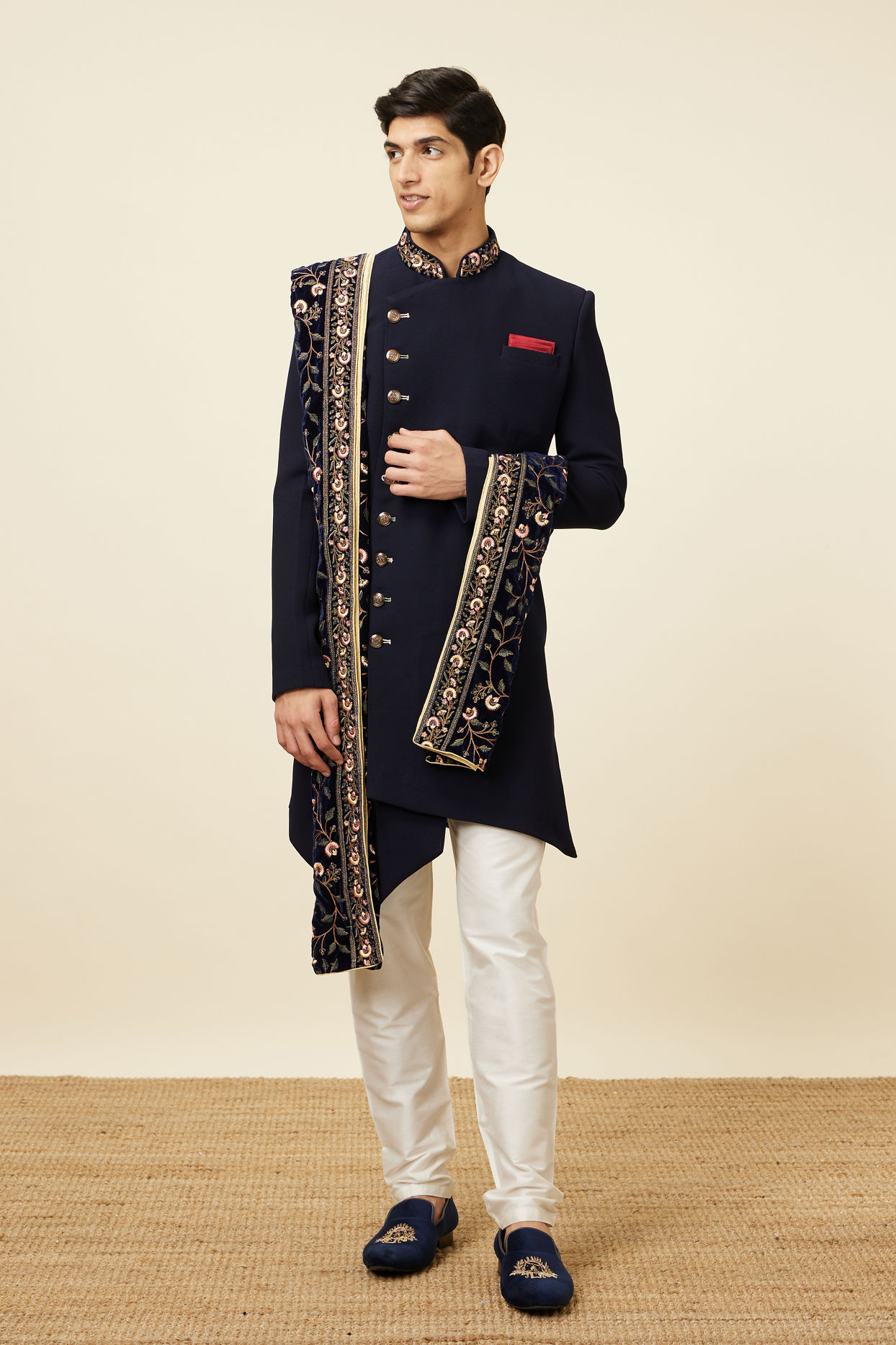 Manyavar Men Brilliant Blue Indo Western Suit
