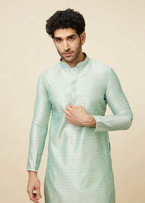 Manyavar Men Aqua Green Self Design Kurta Set