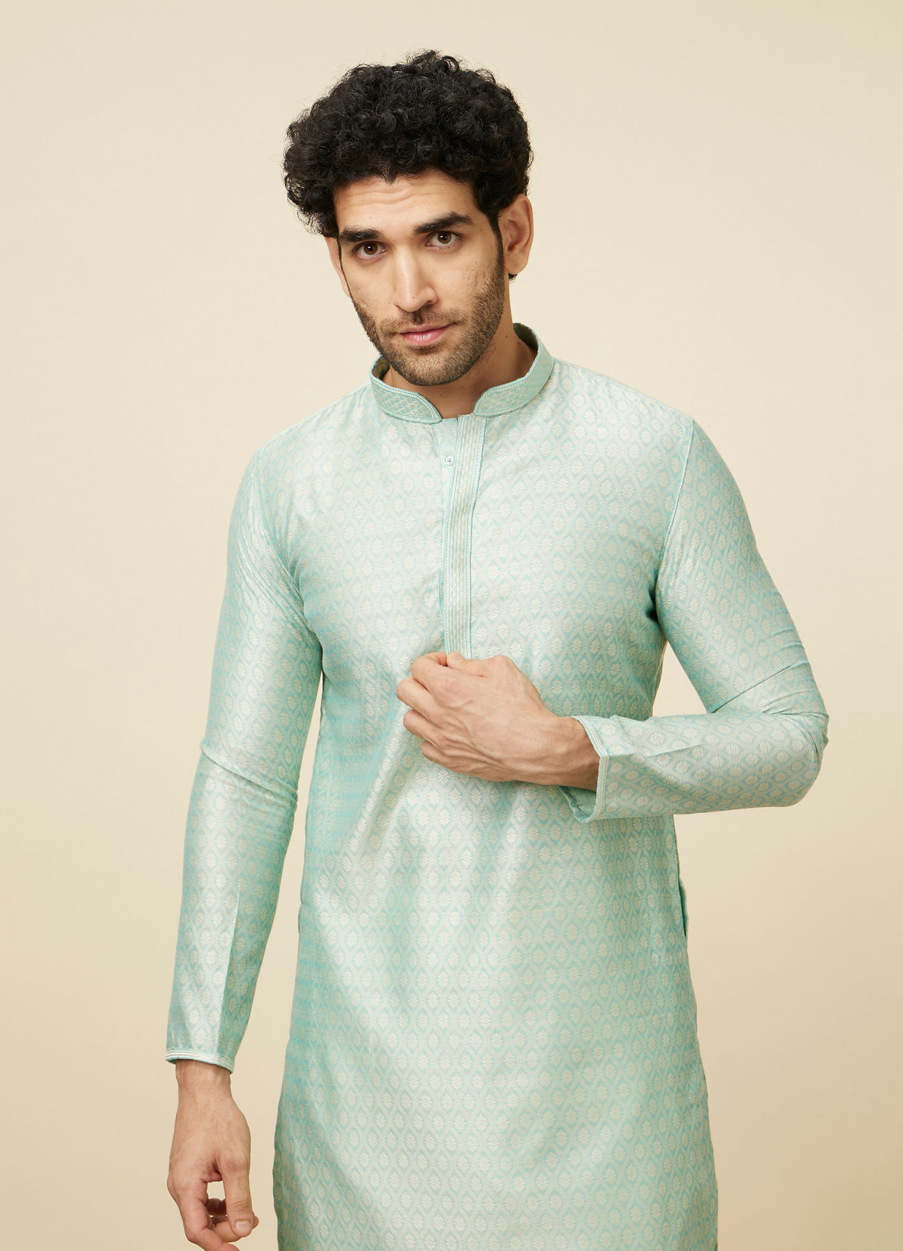 Manyavar Men Aqua Green Self Design Kurta Set