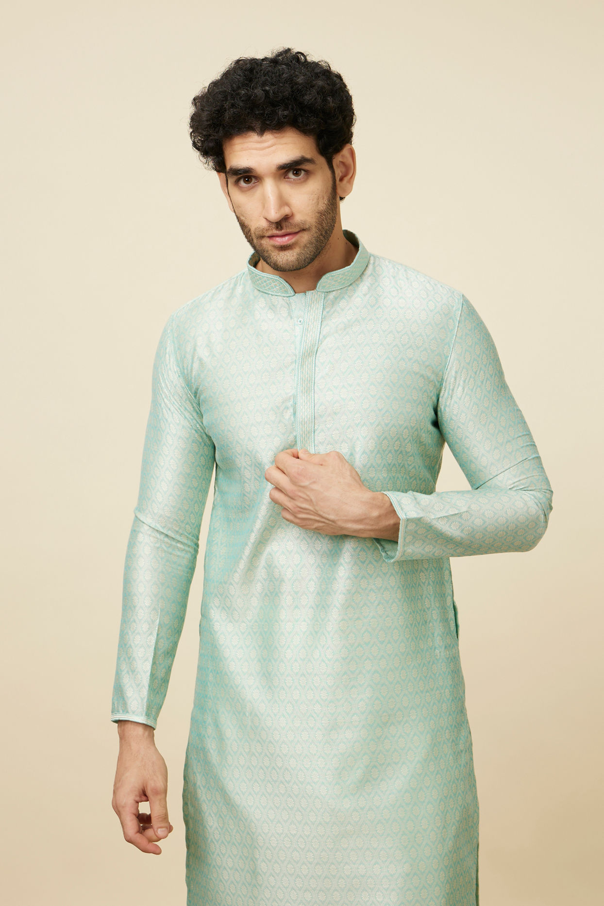 Manyavar Men Aqua Green Self Design Kurta Set