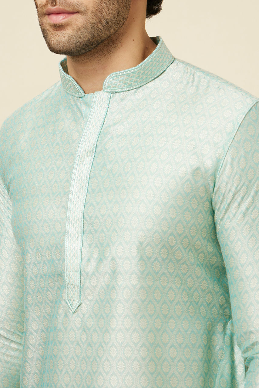 Manyavar Men Aqua Green Self Design Kurta Set
