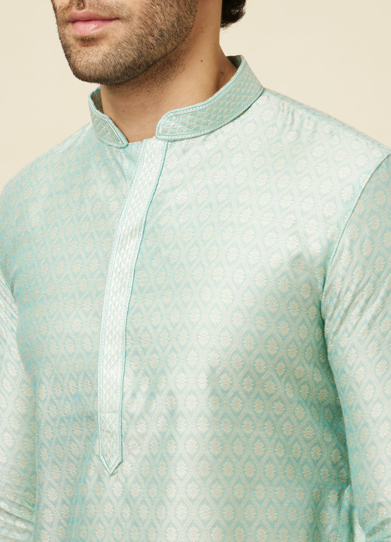 Manyavar Men Aqua Green Self Design Kurta Set