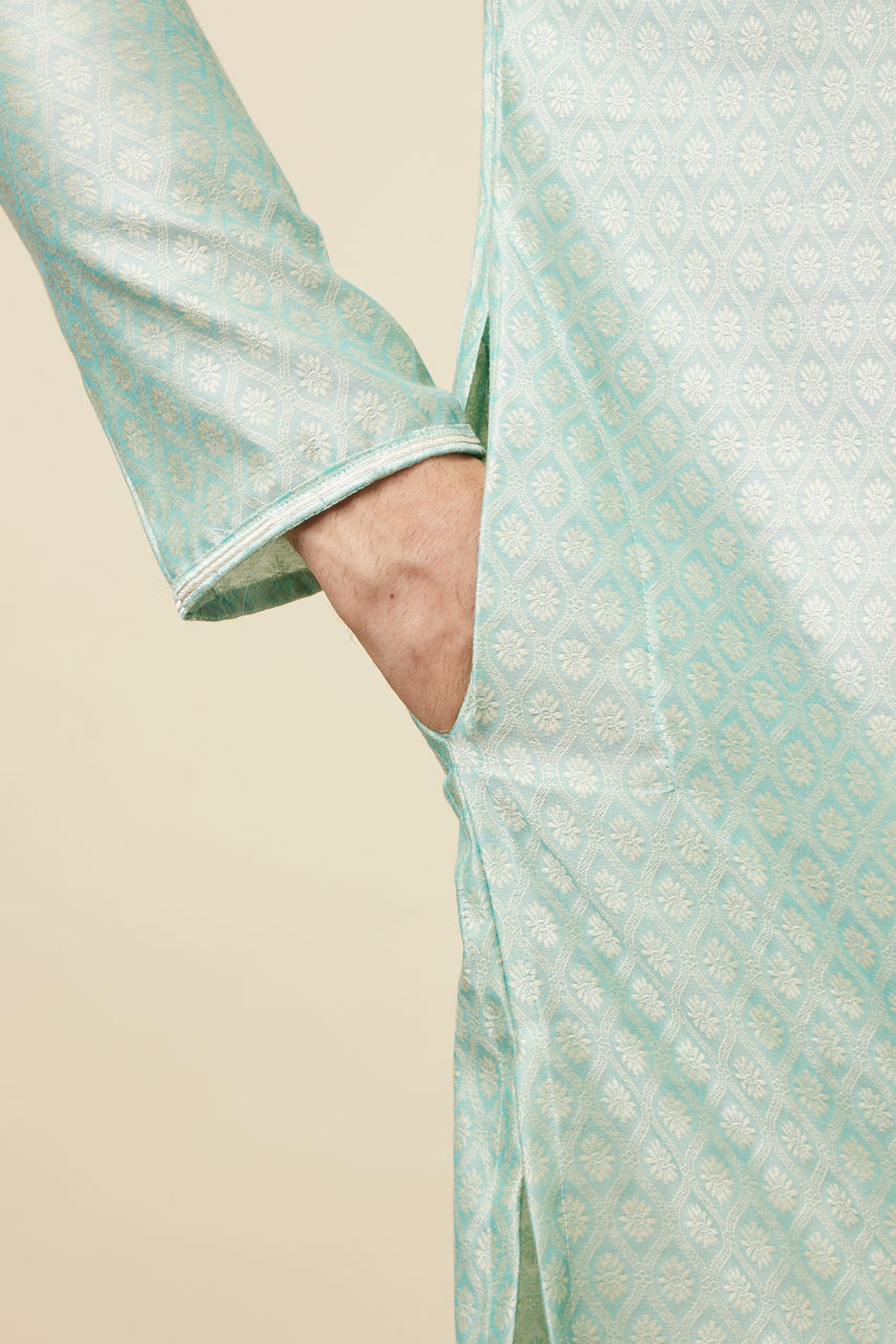 Manyavar Men Aqua Green Self Design Kurta Set