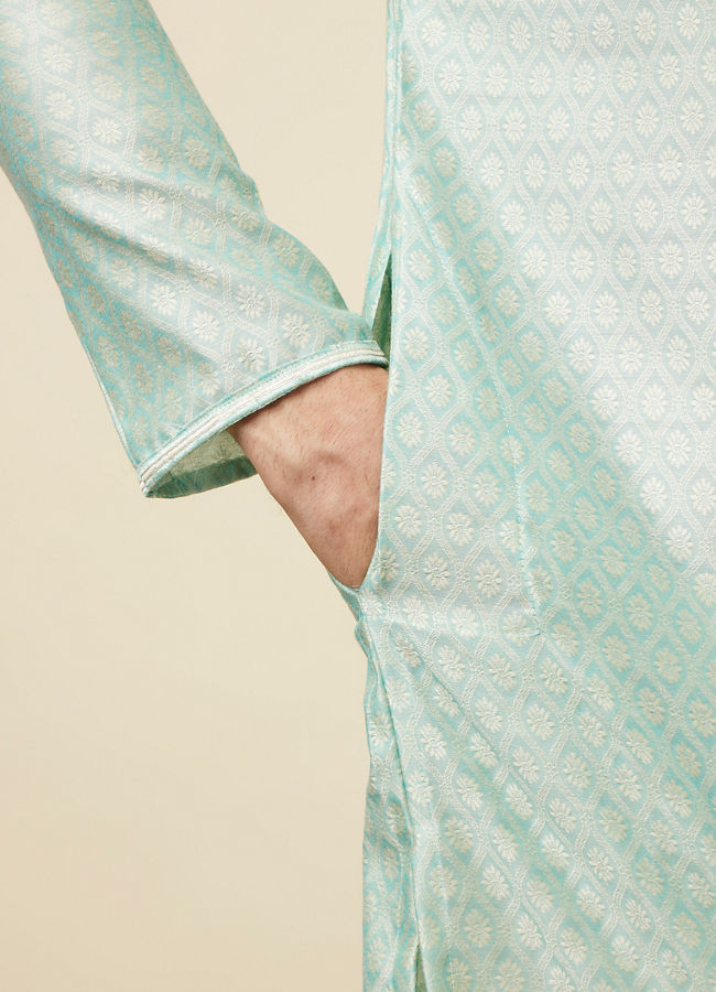 Manyavar Men Aqua Green Self Design Kurta Set