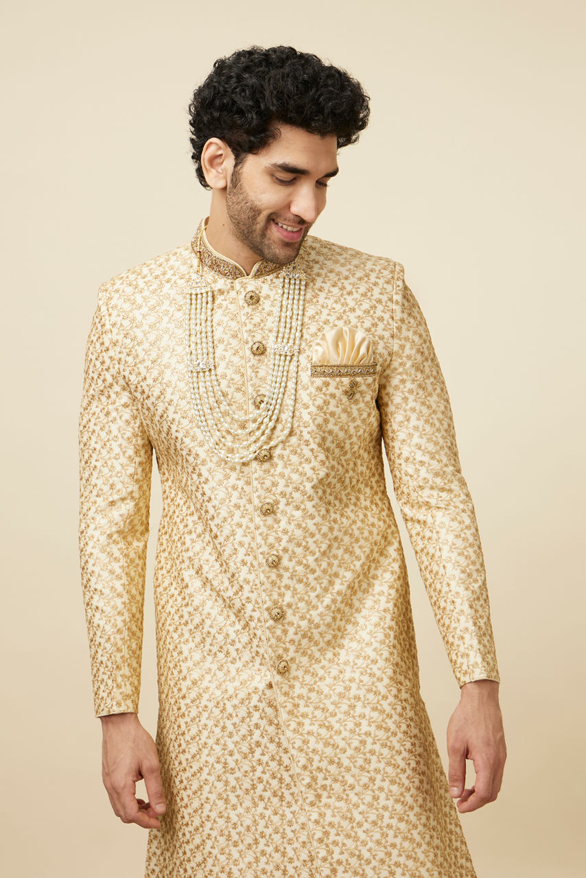 Manyavar Men Classy Cream Color Sangeet Sherwani