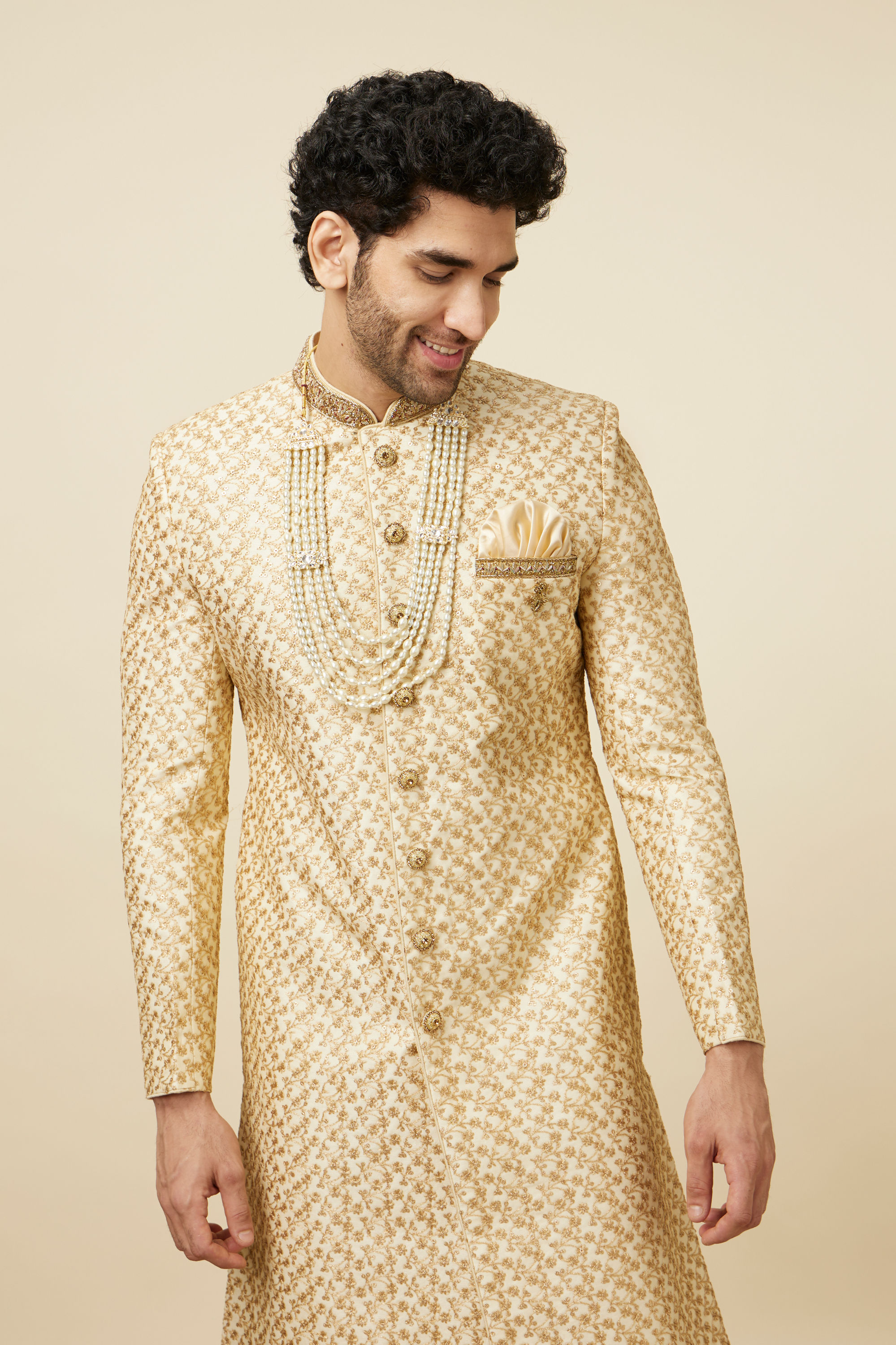 Manyavar Men Classy Cream Color Sangeet Sherwani