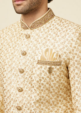 alt message - Manyavar Men Classy Cream Color Sangeet Sherwani image number 1